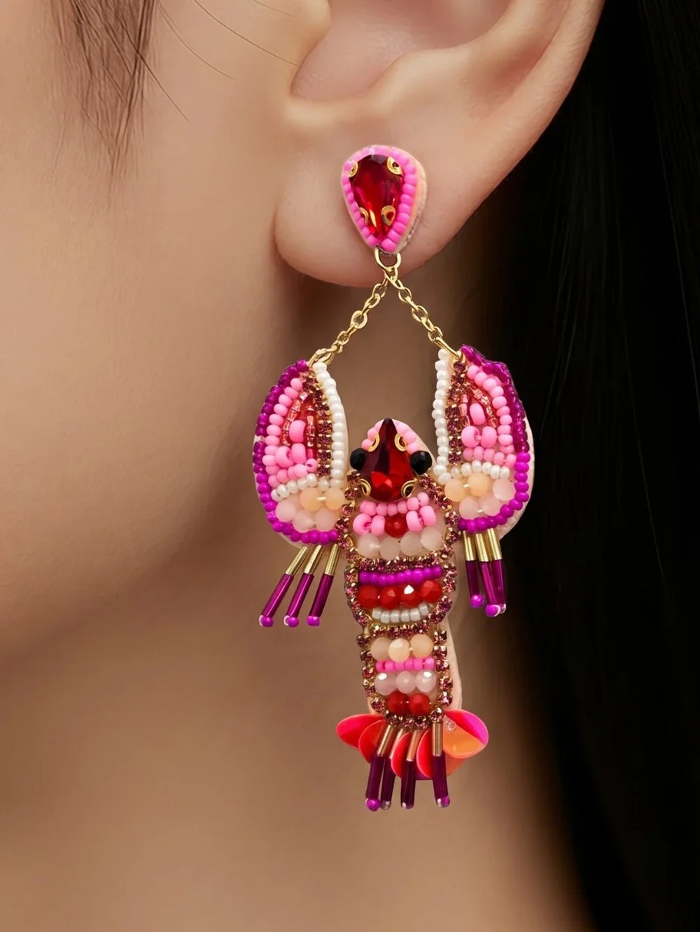Beaded Lobster Earrings Sequin Bead Dangle Nautical Ocean Marine Jewelry Pierced